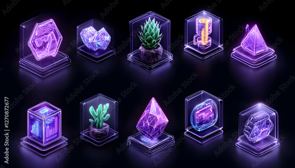 Poster isometric neon crystal object collection in cases on black background for ui use