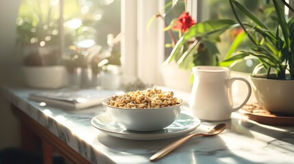 A cereal-filled breakfast tray near a window.