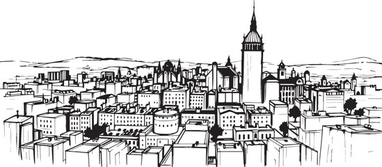 Obraz premium City landscape. Different buildings on street, outline cityscape hand sketch, flat houses. Hand drawn vector illustration