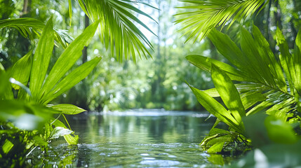 Jungle pond. Palm trees line the stream edge with background lush green growth