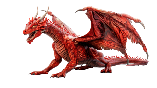 A majestic red dragon with intricate details and powerful wings, set against a white isolated background.