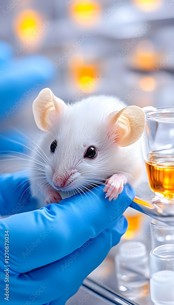 Poster lab mouse being held for science, in lab setting. for educational use