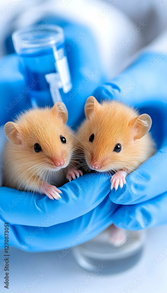 Aufkleber lab mice in gloved hands near vials for experiment in the laboratory setting