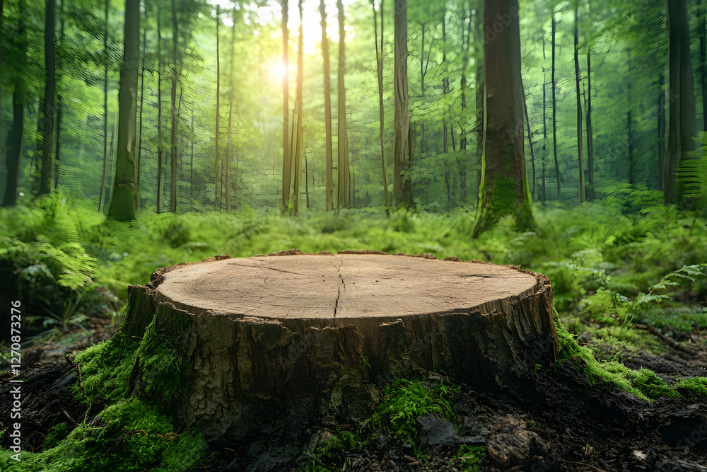 Poster large tree stump display in forest, sunlight shining through trees in background
