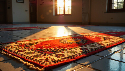  A traditional prayer rug inside a quiet room, with sunlight highlighting its intricate design, representing peace and devotion.