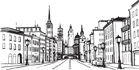 Obraz premium City landscape. Different buildings on street, outline cityscape hand sketch, flat houses. Hand drawn vector illustration