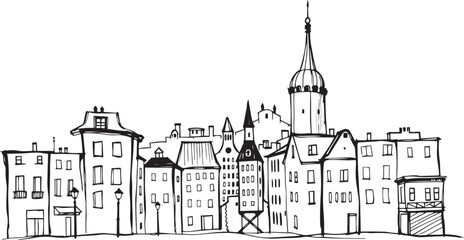 Obraz premium City landscape. Different buildings on street, outline cityscape hand sketch, flat houses. Hand drawn vector illustration