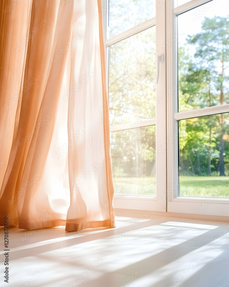 Poster light streaming through window with sheer curtains. view of trees outdoors
