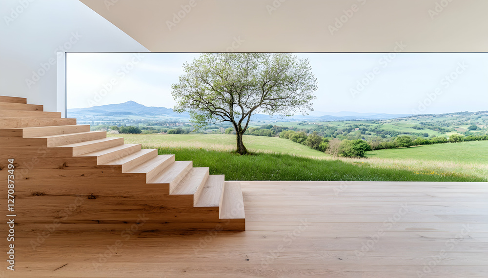 Poster light wood stairs lead to the window view a tranquil field with a single tree