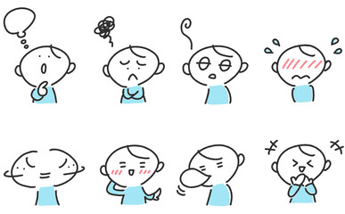 様々な表情のかわいい男性キャラクターのセット　考える・照れる・笑う・恥ずかしい