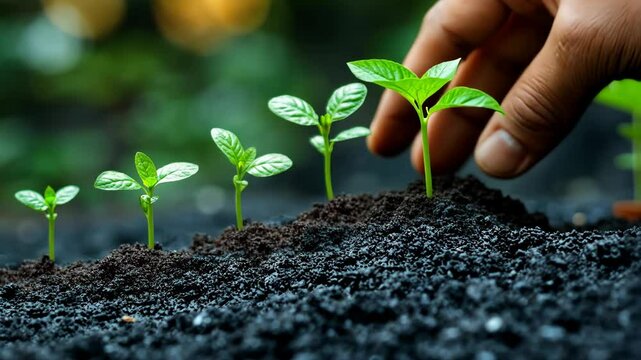 Small Green Seedlings Growing in Fertile Soil with a Hand Nurturing the Plants for Sustainability, Growth, and Agriculture in a Fresh Green and Earthy Color Palette
