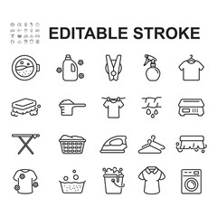 Collection of various icons related to washing clothes. Contains icons such as washing machine, clothes freshener, laundry soap and many more. Thin line style vector.