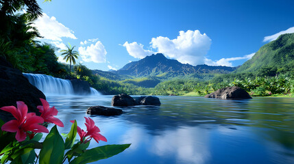 Tropical Jungle Landscape With Cascading Waterfalls