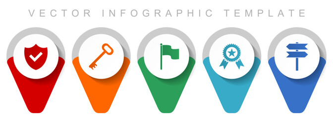 Internet pointer collection, miscellaneous icons such as shield, key, flag, badge and signpost, flat design vector infographic template in eps 10