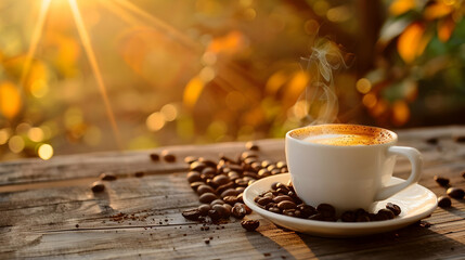 A steaming cup of coffee on a rustic table surrounded by scattered coffee beans and autumn foliage