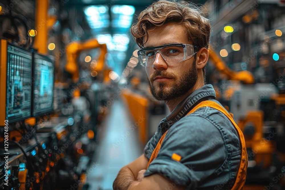 Poster in an industry 4.0 setting, a man manipulates a robotic arm via a teaching panel on a production lin