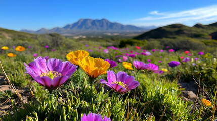 Obraz premium Vibrant Flower Field With Colorful Blooms And Mountains