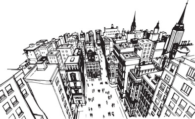 City landscape. Different buildings on street, outline cityscape hand sketch, flat houses. Hand drawn vector illustration