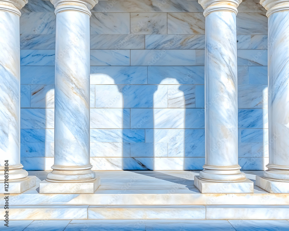 Poster marble columns create shadows on marble tile wall as light shines through