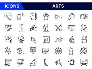 Set of line icons in linear style. Series - Art and culture. Creativity, sculpture, architecture, museum, theater, gallery and painting. Outline icon collection.