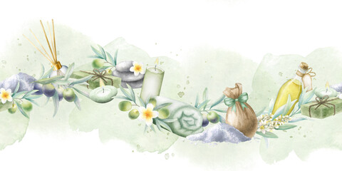 Olive oil, soap aleppo, aroma diffuser, sea salt, rolled up towel, candles, stack pebbles, frangipani flowers and olive branches. Hand drawn watercolor isolated seamless border on green background.