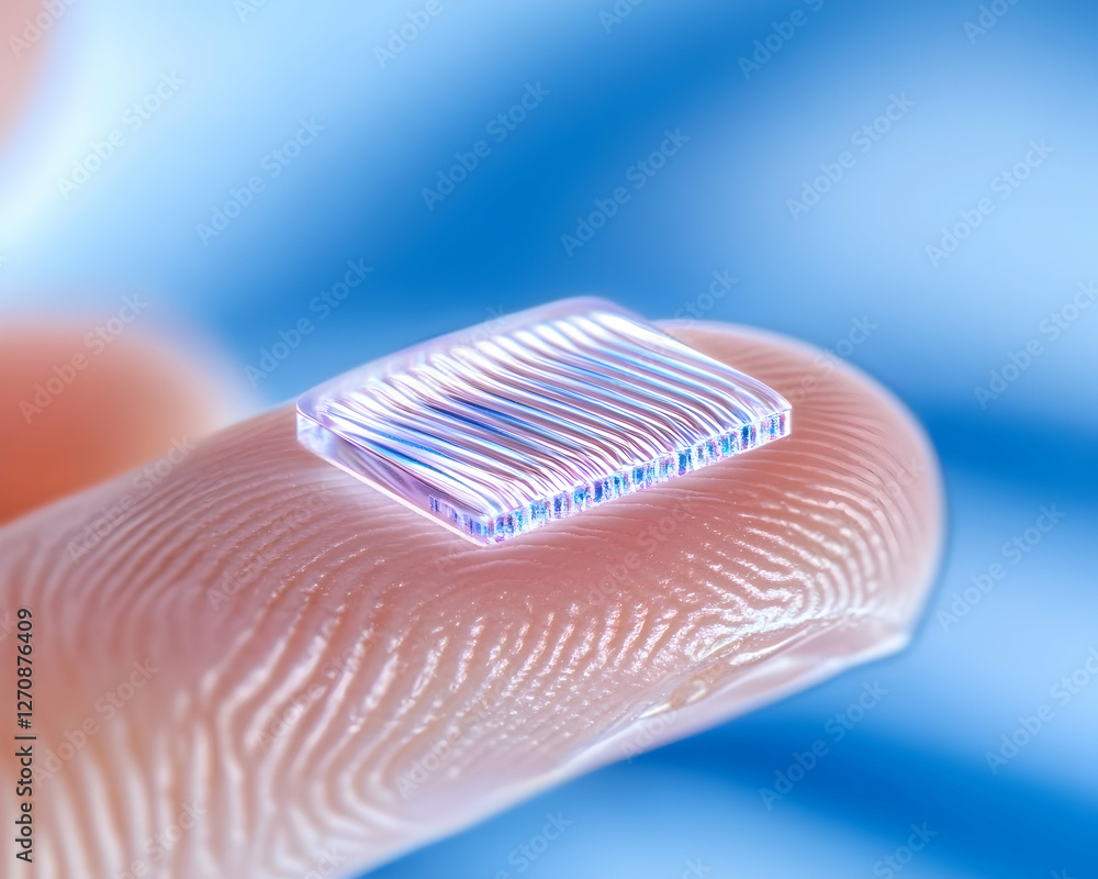 Poster microchip on a finger, showcasing tech progress with a soft blue background