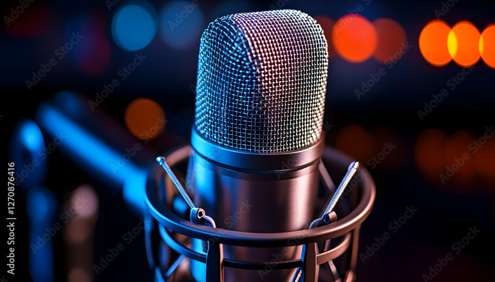 Poster microphone in recording studio with bokeh lights is used for podcasting audio