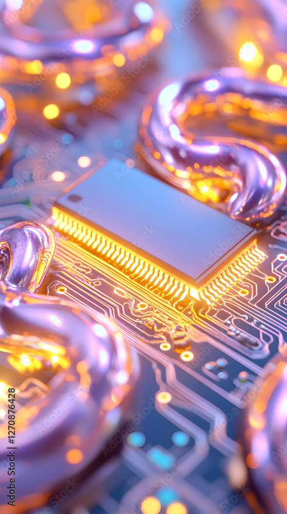 Poster microchip on circuit board, surrounded by chains and lights, modern tech concept