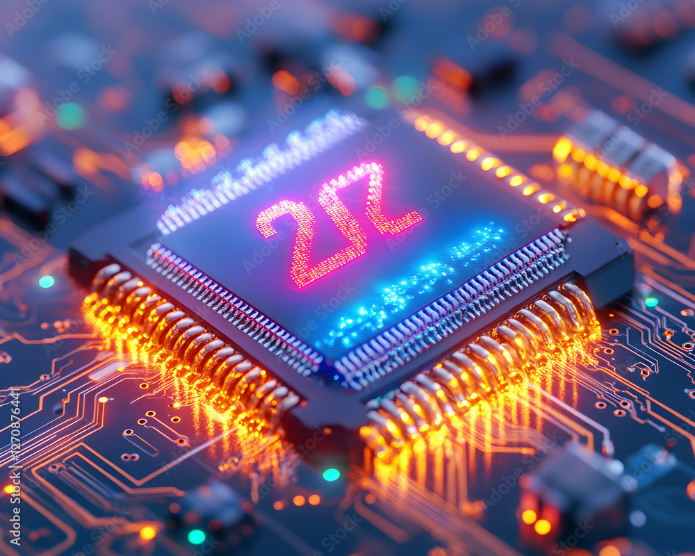 Poster microchip on illuminated circuit board for technology, data storage and innovation