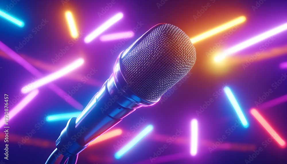 Poster microphone with neon lights in background for musical performance or event