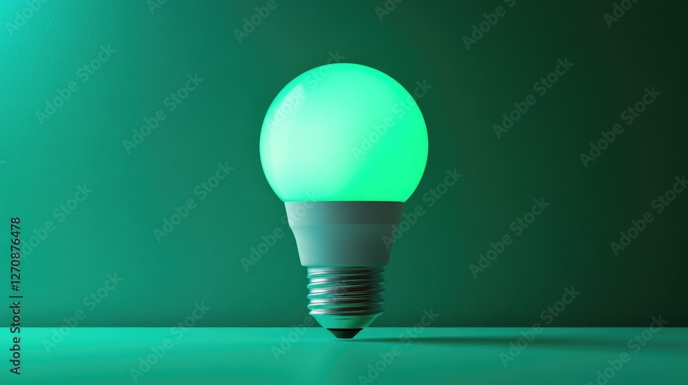 Poster smart led light bulb with app-controlled color-changing features, glowing on a green backdrop