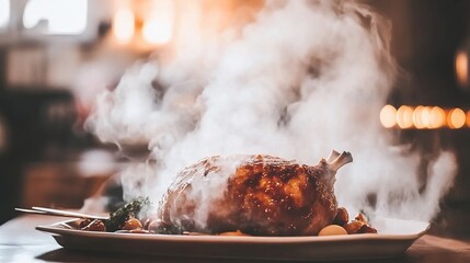 Steaming roasted chicken, restaurant kitchen, warm lighting, food photography