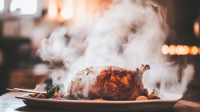 Steaming roasted chicken, restaurant kitchen, warm lighting, food photography