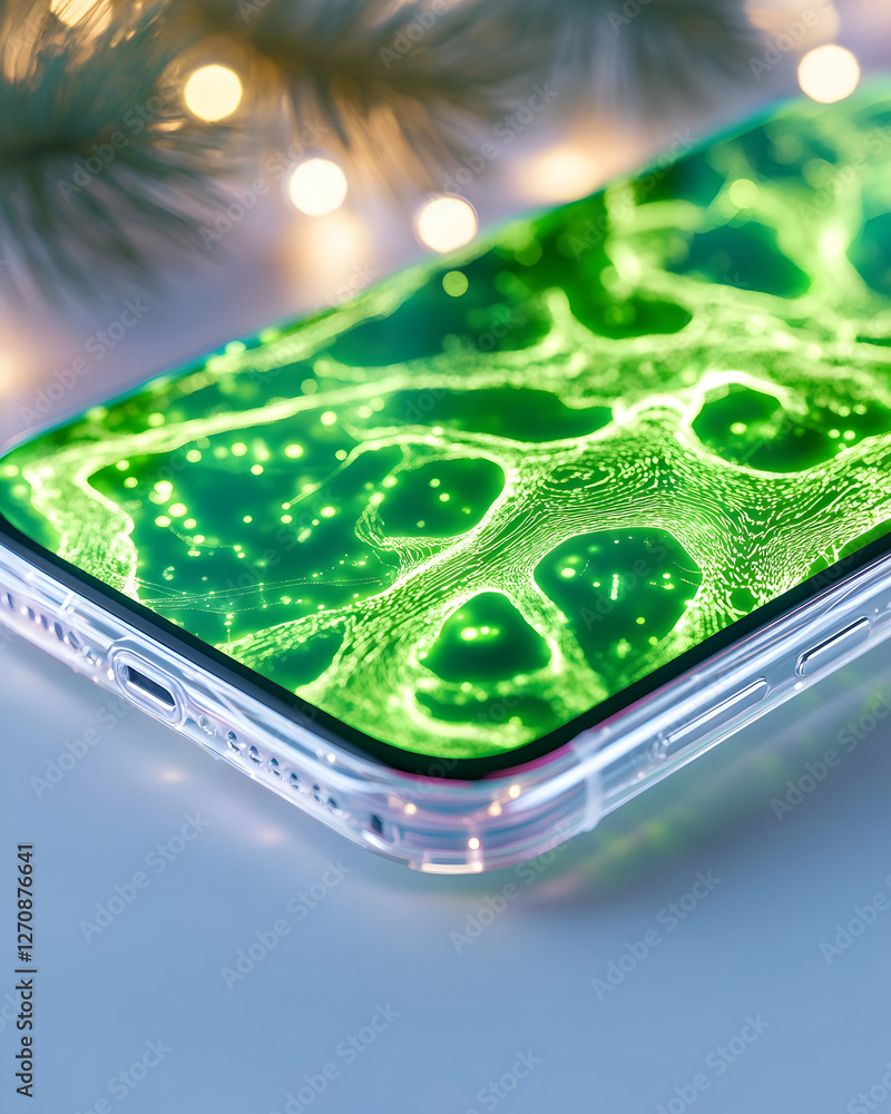 Poster mobile displaying glowing green abstract pattern surrounded by soft lights, use online