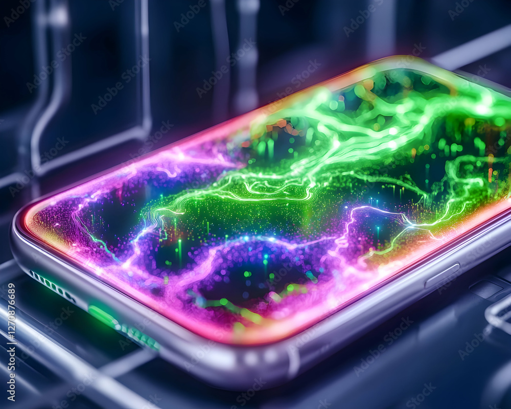 Poster mobile screen displays a colorful abstract image of energy flow on a tech background