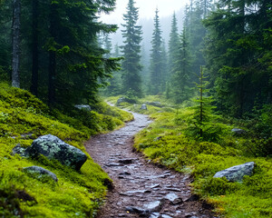 Obraz premium Misty forest trail for nature lovers, hiking, peaceful journey, vacation