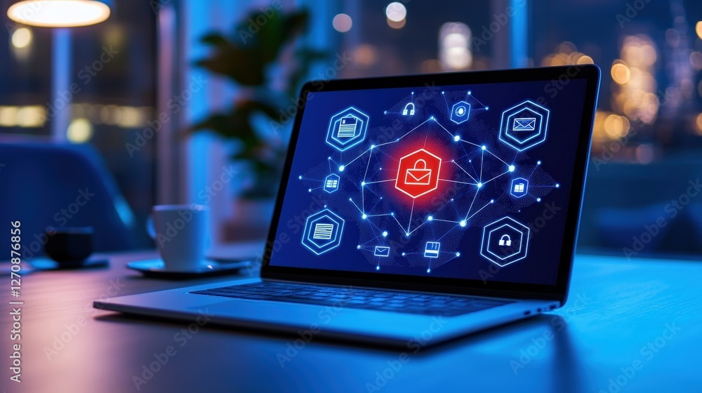 Aufkleber a laptop displays a digital security interface with a red lock symbol, representing cybersecurity in