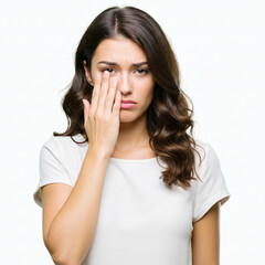 A gorgeous brunette woman with wavy hair and fair skin, wearing a simple white blouse