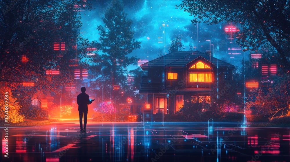 Poster futuristic smart home control concept with interactive holographic visuals - man using voice command