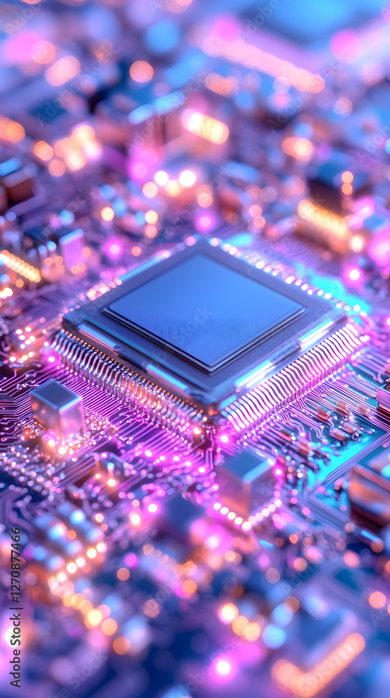 Poster motherboard cpu close-up circuitry design with glowing lights for tech concepts