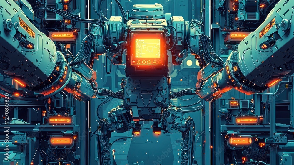 Poster precision industrial robot assembling complex components with laser accuracy in 2d flat style illust