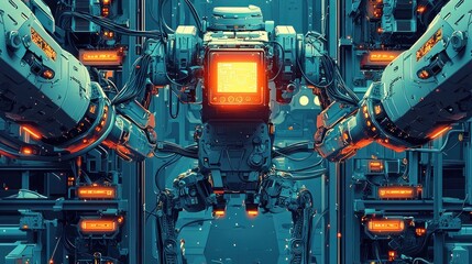 Precision Industrial Robot Assembling Complex Components with Laser Accuracy in 2D Flat Style Illustration