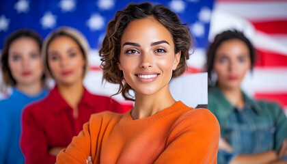 Obraz premium Multiethnic women team smiling in front of US flag for independence or election