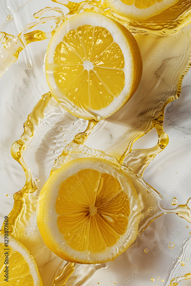 Poster fresh lemon slices splashing in vibrant yellow liquid on a white background, creating a refreshing s