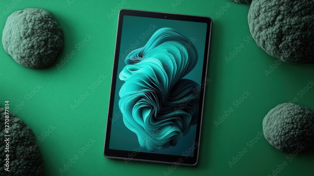 Poster tablet with an ultra-fast refresh rate, displayed on a green background, showcasing smooth and respo