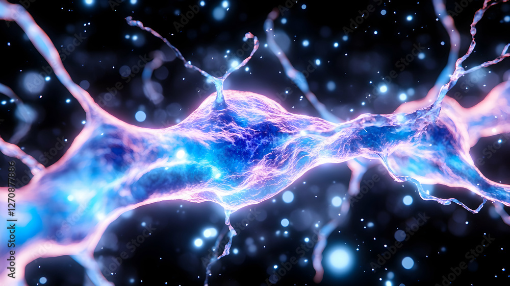 Poster neuron network firing impulses in cell body with glowing connections for science use