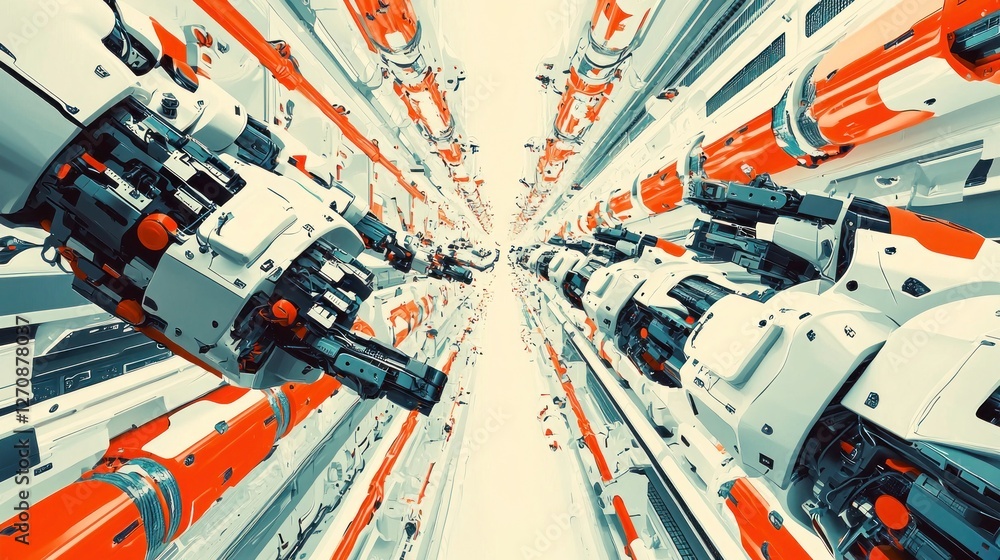 Poster precision robotics in manufacturing: network of robotic arms building vehicles with flawless efficie
