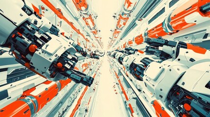 Precision Robotics in Manufacturing: Network of Robotic Arms Building Vehicles with Flawless Efficiency in 2D Flat Style Illustration