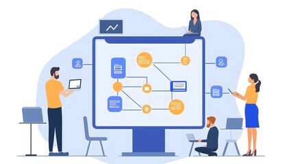 Group of professionals collaborating on computer analyzing flow chart and ai data visualization