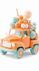 Orange toy truck carries balloons for party backdrop or birthday invitation use